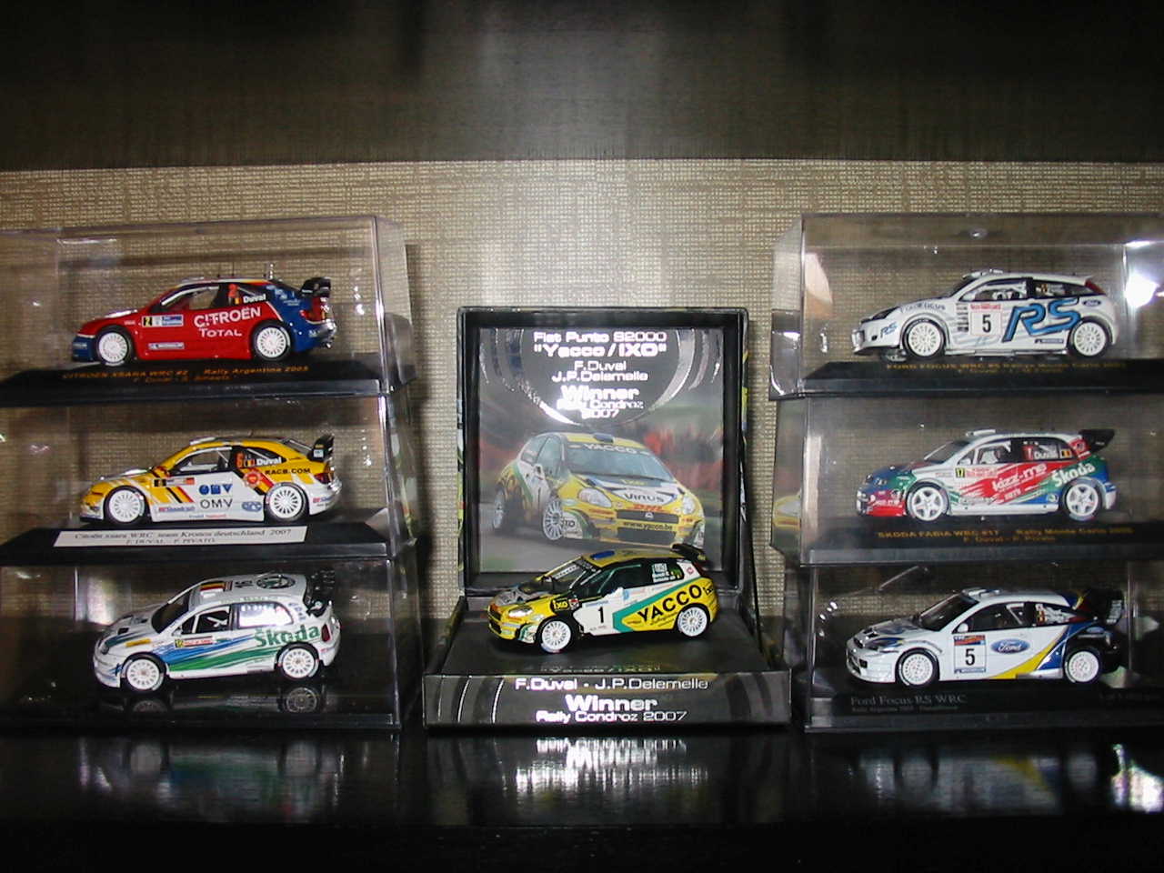 Citroën Xsara wrc n°2 Ixo Argentine 2005<br />Citroën Xsara wrc n°6 ixo Allemagne 2007<br />Skoda Fabia wrc n°16 ixo Turkey 2006<br />Fiat Punto S2000 n°1 ixo Condroz 2007<br />Ford Focus wrc n°5 ixo Monte Carlo 2003<br />Skoda Fabia wrc n°17 ixo Monte Carlo 2006<br />Ford Focus wrc n°5 Minichamps Argentine 2003